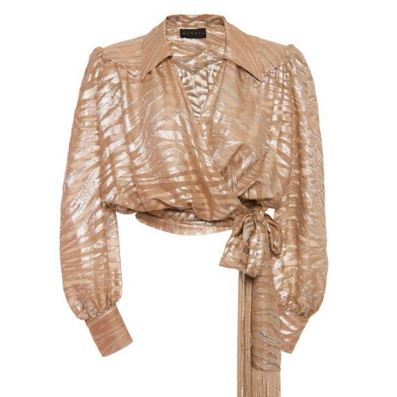 Dundas Metallic Zebra Silk Wrap Top Size 40 US 6 Glam Fringe NWOT Western - Picture 1 of 13